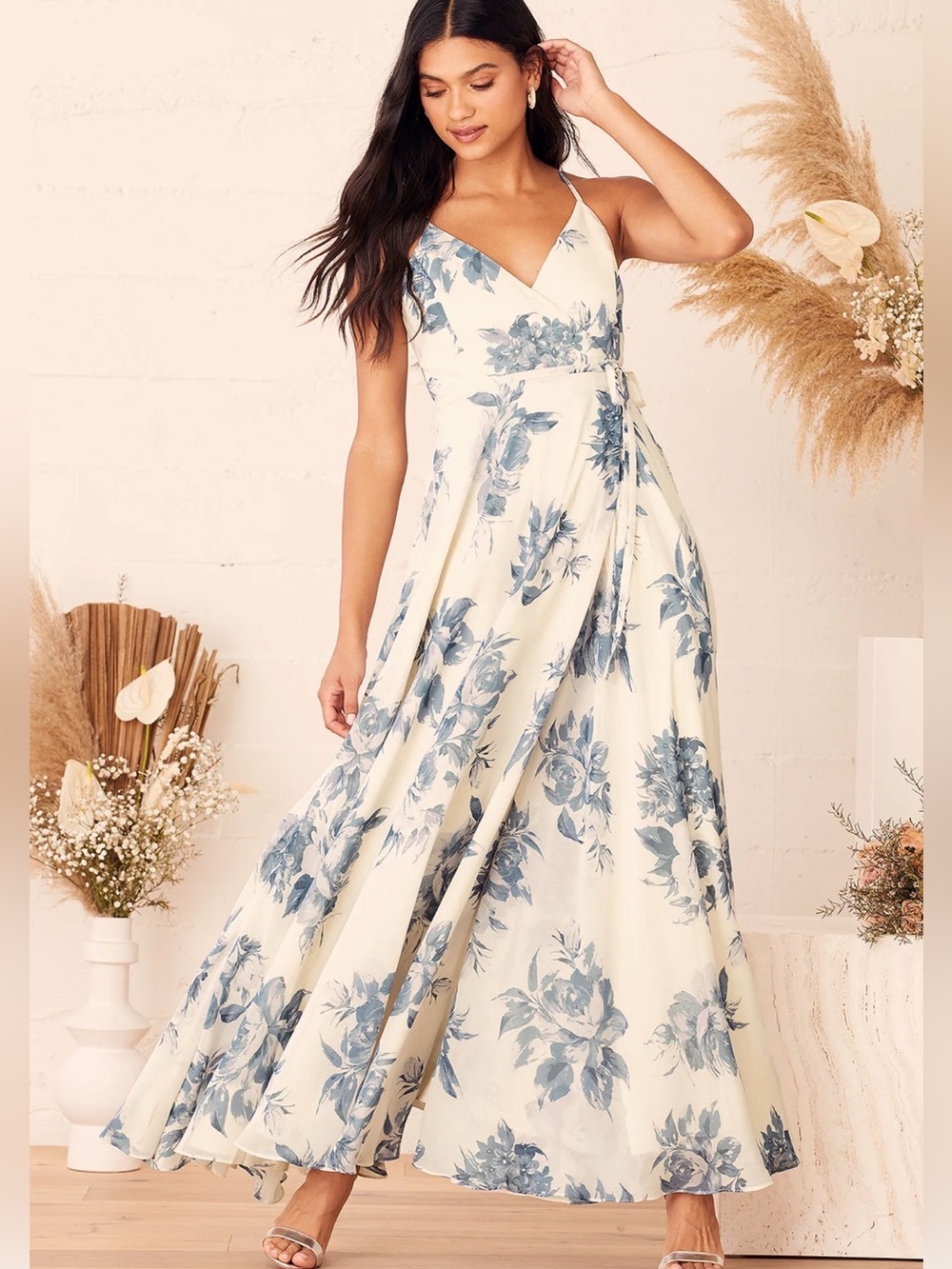 Lulus Blue Floral Wrap Maxi Dress White Sleeveless Women's Small